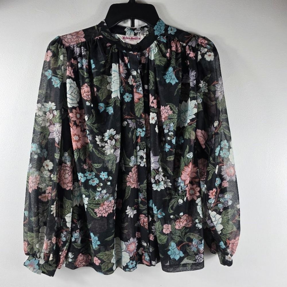 Vintage Elles Belles Black Floral Sheer Long Puff Sleeve‎ Blouse Women's Size M